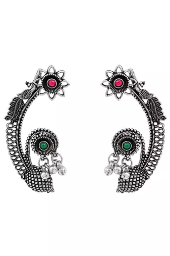 Silver plated handcrafted oxidised floral ear cuffs with intricate detailing for women (e3395ox)