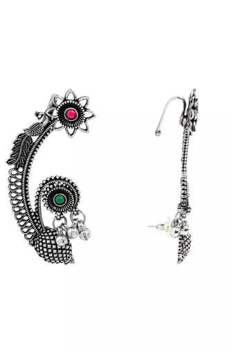 Silver plated handcrafted oxidised floral ear cuffs with intricate detailing for women (e3395ox)