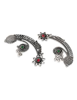 Silver plated handcrafted oxidised floral ear cuffs with intricate detailing for women (e3395ox) 4