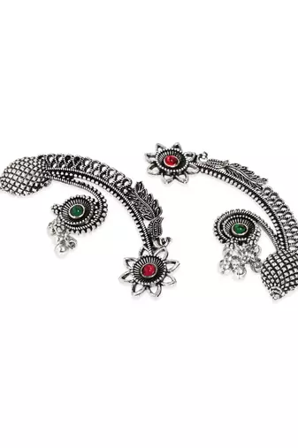 Silver plated handcrafted oxidised floral ear cuffs with intricate detailing for women (e3395ox)