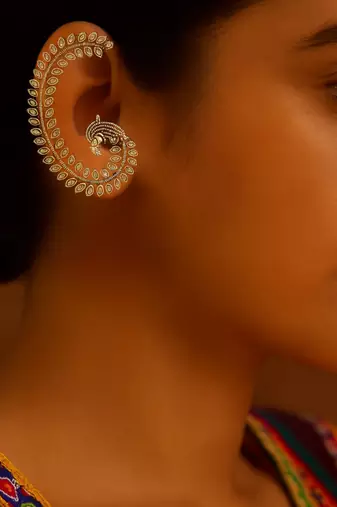 Oxidised peacock design statement ear cuff for women 