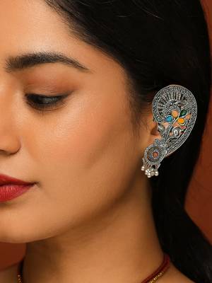 Silver plated handcrafted oxidised multicolor floral ear cuff with beaded detailing for women  1