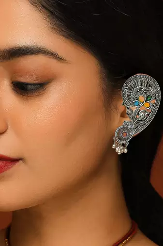 Silver plated handcrafted oxidised multicolor floral ear cuff with beaded detailing for women 