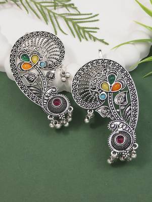 Silver plated handcrafted oxidised multicolor floral ear cuff with beaded detailing for women  2