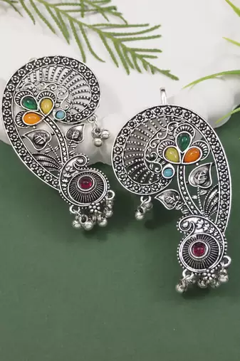 Silver plated handcrafted oxidised multicolor floral ear cuff with beaded detailing for women 