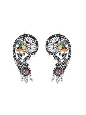 Silver plated handcrafted oxidised multicolor floral ear cuff with beaded detailing for women  3