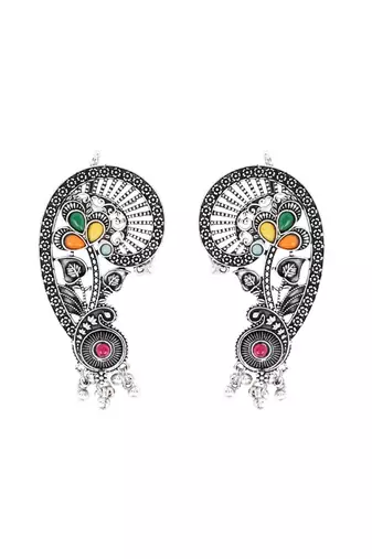 Silver plated handcrafted oxidised multicolor floral ear cuff with beaded detailing for women 