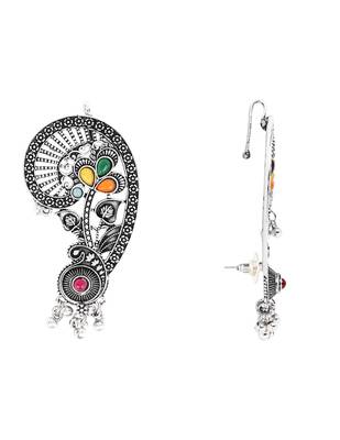 Silver plated handcrafted oxidised multicolor floral ear cuff with beaded detailing for women  4