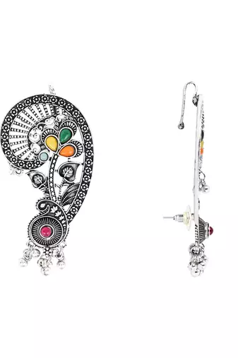 Silver plated handcrafted oxidised multicolor floral ear cuff with beaded detailing for women 