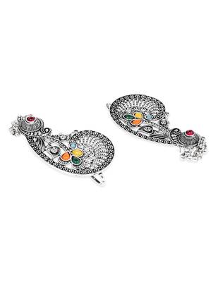 Silver plated handcrafted oxidised multicolor floral ear cuff with beaded detailing for women  5