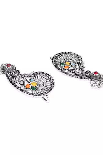 Silver plated handcrafted oxidised multicolor floral ear cuff with beaded detailing for women 