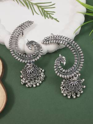 Silver plated oxidised peacock ear cuff with jhumka detailing for women  1
