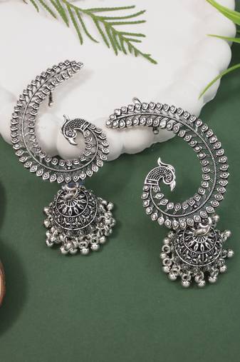 Silver plated oxidised peacock ear cuff with jhumka detailing for women (e3398ox)