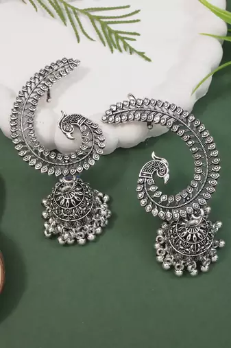 Silver plated oxidised peacock ear cuff with jhumka detailing for women 
