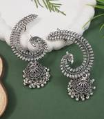 Silver plated oxidised peacock ear cuff with jhumka detailing for women 