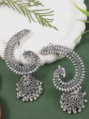 Silver plated oxidised peacock ear cuff with jhumka detailing for women  2