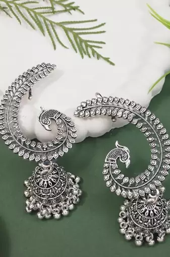 Silver plated oxidised peacock ear cuff with jhumka detailing for women 