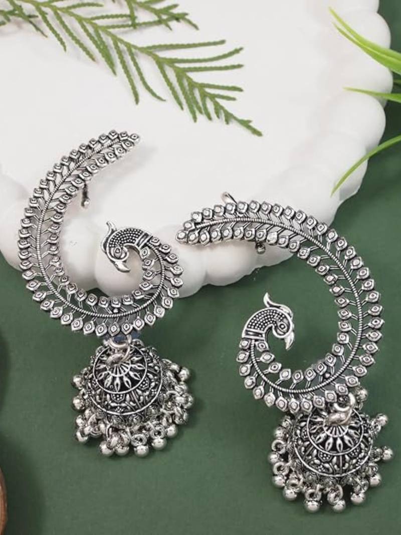 Silver plated oxidised peacock ear cuff with jhumka detailing for women 
