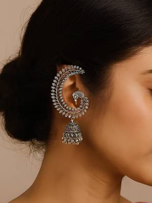Silver plated oxidised peacock ear cuff with jhumka detailing for women  3