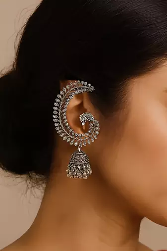 Silver plated oxidised peacock ear cuff with jhumka detailing for women 