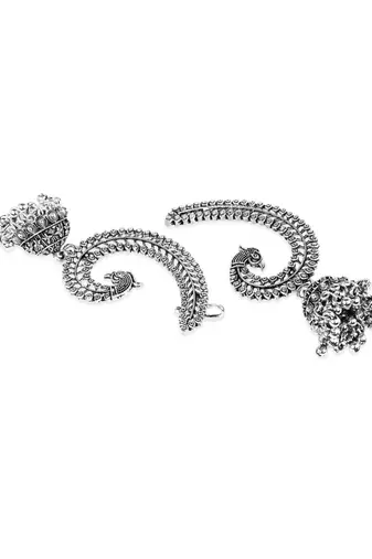Silver plated oxidised peacock ear cuff with jhumka detailing for women 