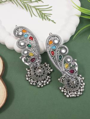 Silver plated oxidised multistone peacock ear cuff with jhumka for women (e3399ox) 1