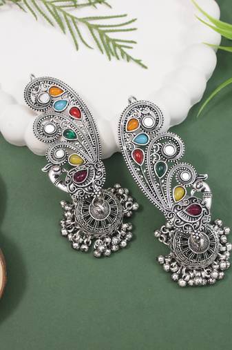 Silver plated oxidised multistone peacock ear cuff with jhumka for women (e3399ox)