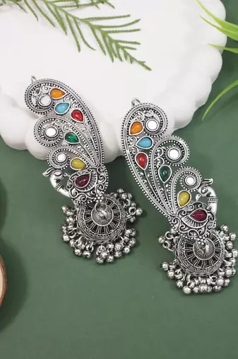 Silver plated oxidised multistone peacock ear cuff with jhumka for women (e3399ox)