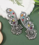 Silver plated oxidised multistone peacock ear cuff with jhumka for women (e3399ox)