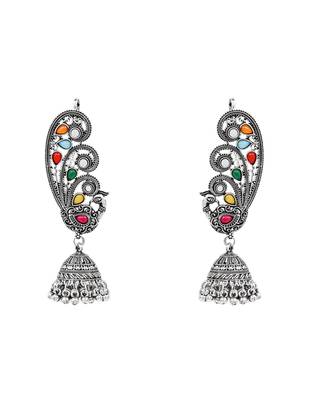 Silver plated oxidised multistone peacock ear cuff with jhumka for women (e3399ox) 2