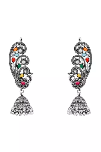 Silver plated oxidised multistone peacock ear cuff with jhumka for women (e3399ox)