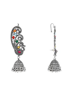 Silver plated oxidised multistone peacock ear cuff with jhumka for women (e3399ox) 3
