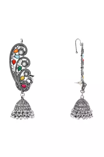 Silver plated oxidised multistone peacock ear cuff with jhumka for women (e3399ox)