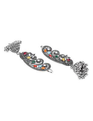 Silver plated oxidised multistone peacock ear cuff with jhumka for women (e3399ox) 4