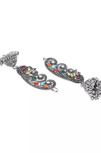 Silver plated oxidised multistone peacock ear cuff with jhumka for women (e3399ox)