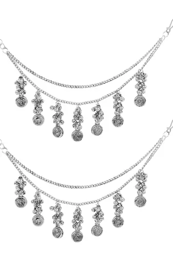 Oxidised plated traditional multi layered ear chain with ghungroo hangings for women 