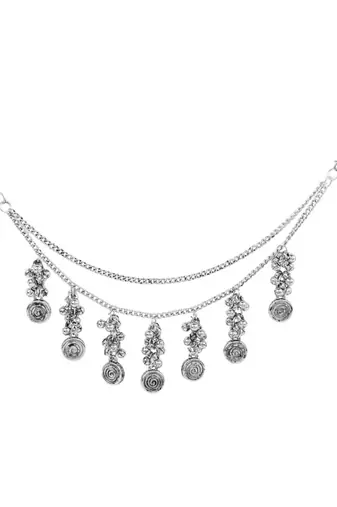Oxidised plated traditional multi layered ear chain with ghungroo hangings for women 