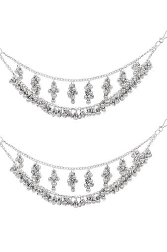 Oxidised plated traditional ear chain with ghungroo drops (e3412ox)