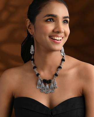 Oxidised silver plated black beads statement necklace with earrings for women  1