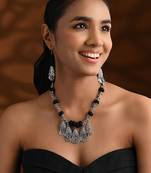 Oxidised silver plated black beads statement necklace with earrings for women 