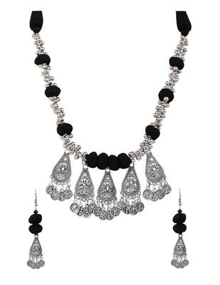 Oxidised silver plated black beads statement necklace with earrings for women  2