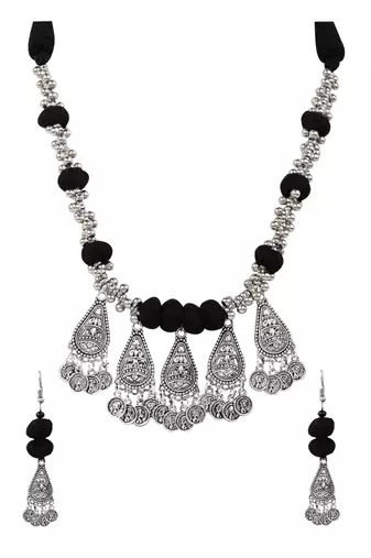 Oxidised silver plated black beads statement necklace with earrings for women 