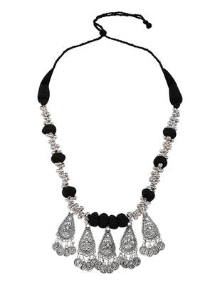Oxidised silver plated black beads statement necklace with earrings for women  3
