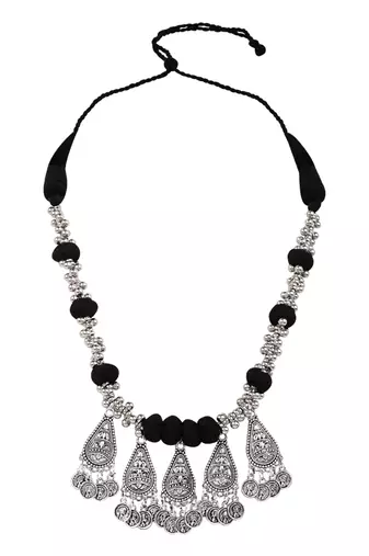Oxidised silver plated black beads statement necklace with earrings for women 