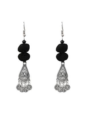 Oxidised silver plated black beads statement necklace with earrings for women  4