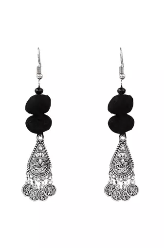 Oxidised silver plated black beads statement necklace with earrings for women 