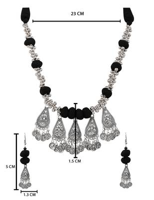 Oxidised silver plated black beads statement necklace with earrings for women  5