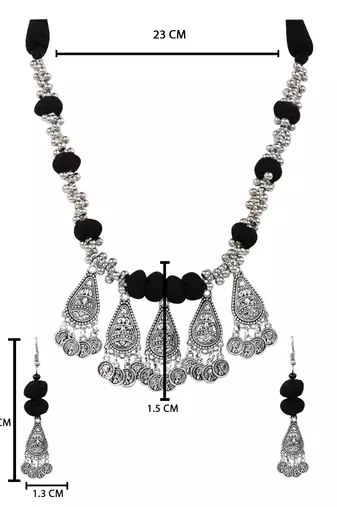 Oxidised silver plated black beads statement necklace with earrings for women 