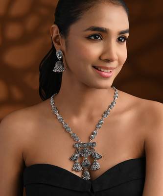 Oxidised peacock motif dangler pendant necklace set with jhumka earrings for women  1