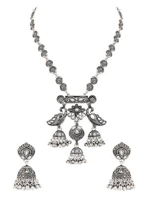 Oxidised peacock motif dangler pendant necklace set with jhumka earrings for women  2